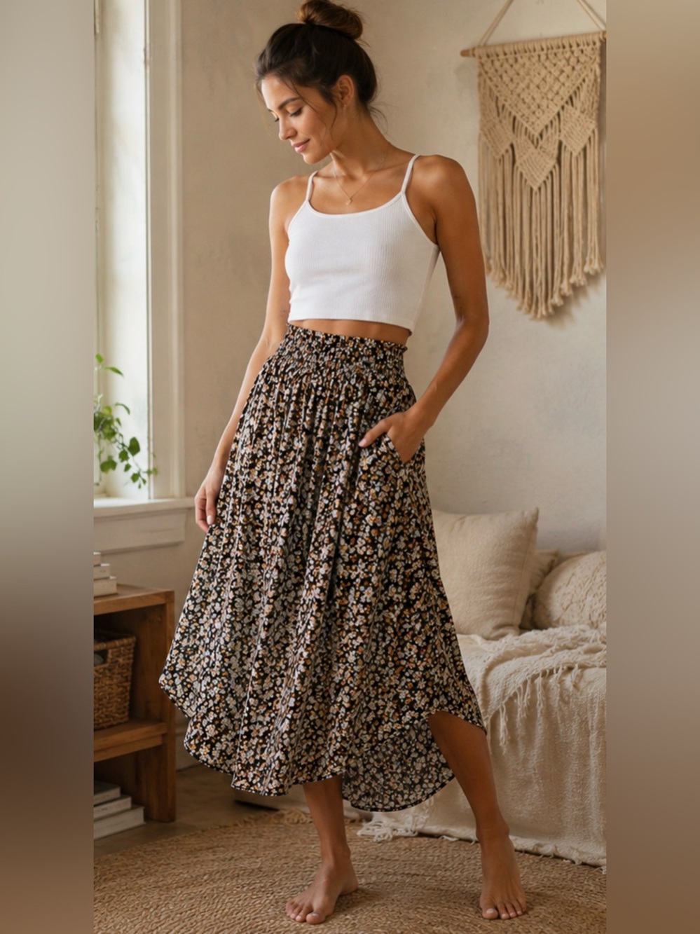 SOZY Willow Midi Skirt Black Daisy Floral | Smocked Waist | *Pockets*
